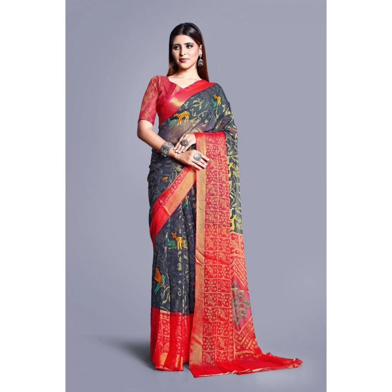 Mayawye Women's Viscose Rayon Printed Saree With Unstitched Blouse (Grey)