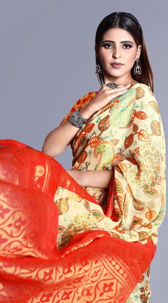 Mayawye Women's Viscose Rayon Printed Saree With Unstitched Blouse (Red)