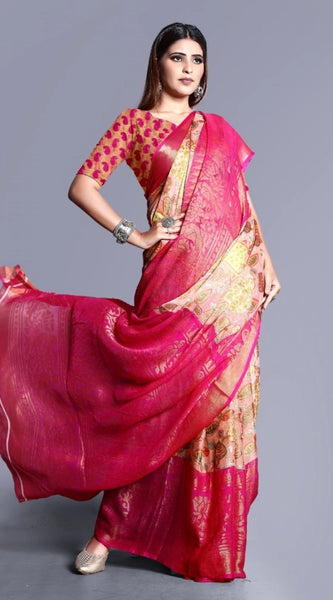 Mayawye Women's Viscose Rayon Printed Saree With Unstitched Blouse (Pink)