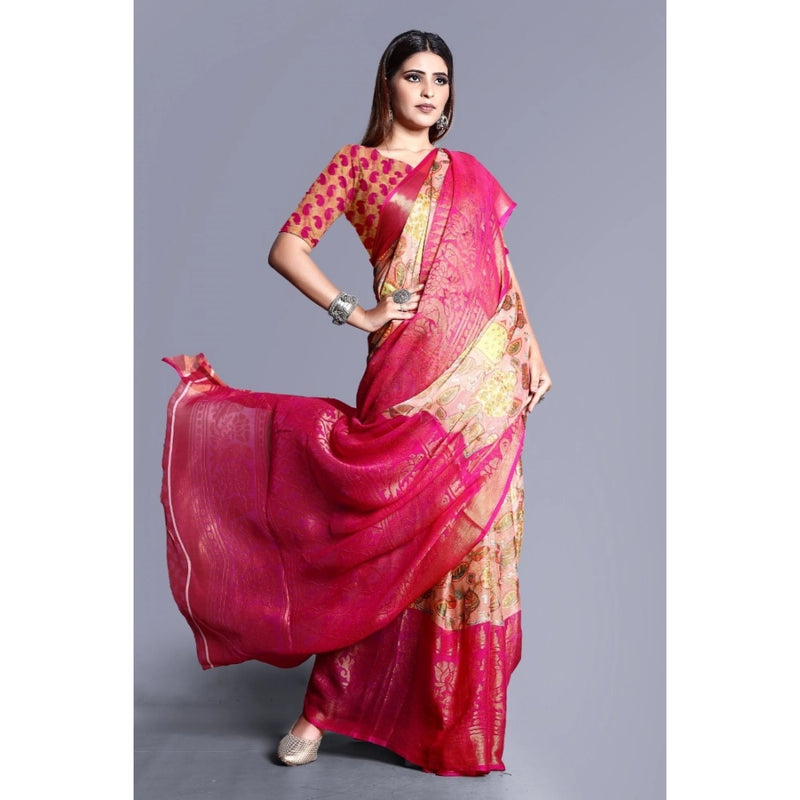 Mayawye Women's Viscose Rayon Printed Saree With Unstitched Blouse (Pink)