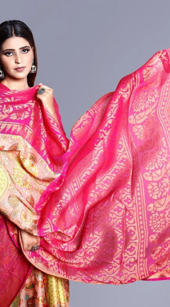 Mayawye Women's Viscose Rayon Printed Saree With Unstitched Blouse (Pink)