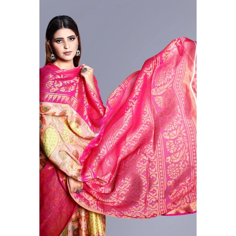 Mayawye Women's Viscose Rayon Printed Saree With Unstitched Blouse (Pink)