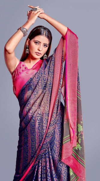 Mayawye Women's Viscose Rayon Printed Saree With Unstitched Blouse (Navy Blue)