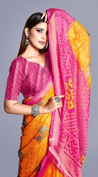 Mayawye Women's Viscose Rayon Printed Saree With Unstitched Blouse (Yellow)
