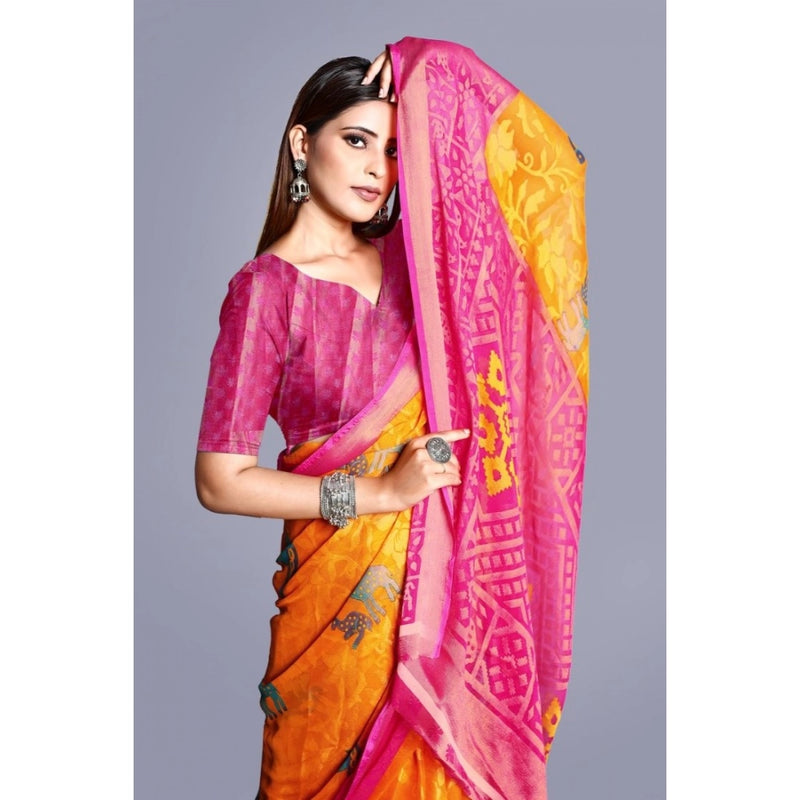 Mayawye Women's Viscose Rayon Printed Saree With Unstitched Blouse (Yellow)