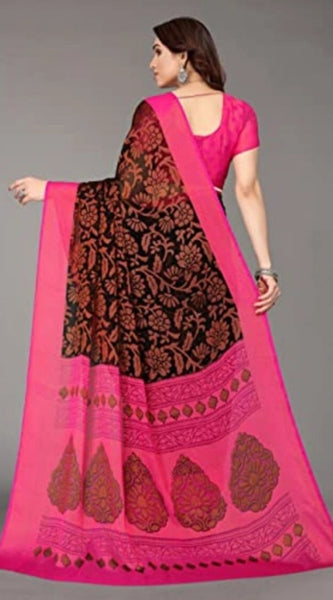 Mayawye Women's Viscose Rayon Printed Saree With Unstitched Blouse (Black)