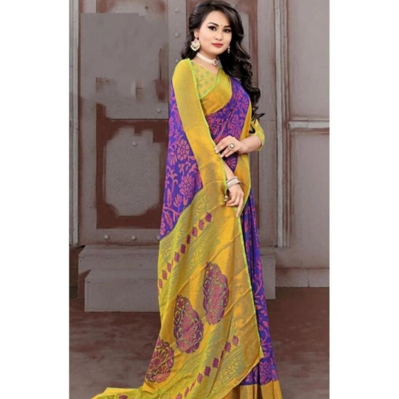 Mayawye Women's Viscose Rayon Printed Saree With Unstitched Blouse (Blue)
