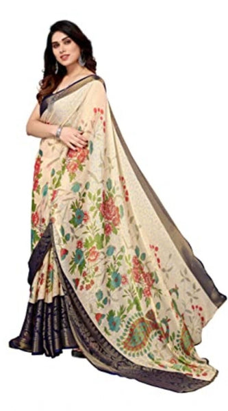 Mayawye Women's Viscose Rayon Printed Saree With Unstitched Blouse (Navy Blue)