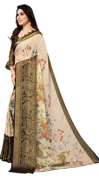 Mayawye Women's Viscose Rayon Printed Saree With Unstitched Blouse (Black)