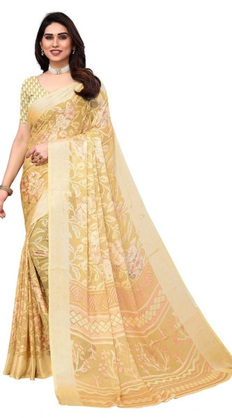 Mayawye Women's Viscose Rayon Printed Saree With Unstitched Blouse (Yellow)