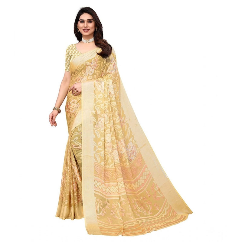 Mayawye Women's Viscose Rayon Printed Saree With Unstitched Blouse (Yellow)