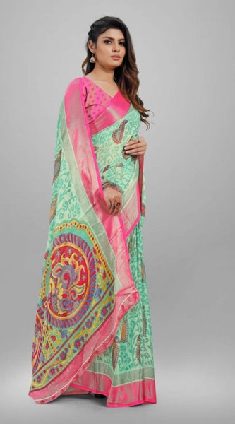 Mayawye Women's Viscose Rayon Printed Saree With Unstitched Blouse (Teal)