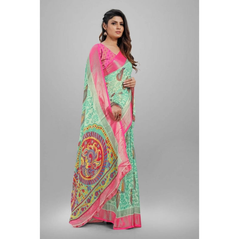 Mayawye Women's Viscose Rayon Printed Saree With Unstitched Blouse (Teal)