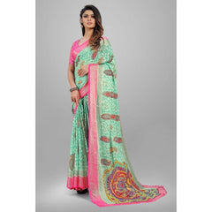 Mayawye Women's Viscose Rayon Printed Saree With Unstitched Blouse (Teal)