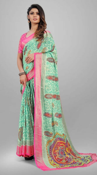 Mayawye Women's Viscose Rayon Printed Saree With Unstitched Blouse (Teal)