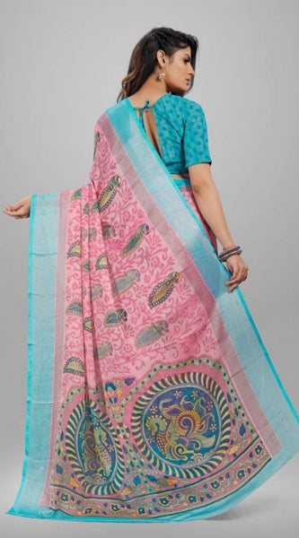 Mayawye Women's Viscose Rayon Printed Saree With Unstitched Blouse (Pink)