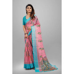 Mayawye Women's Viscose Rayon Printed Saree With Unstitched Blouse (Pink)