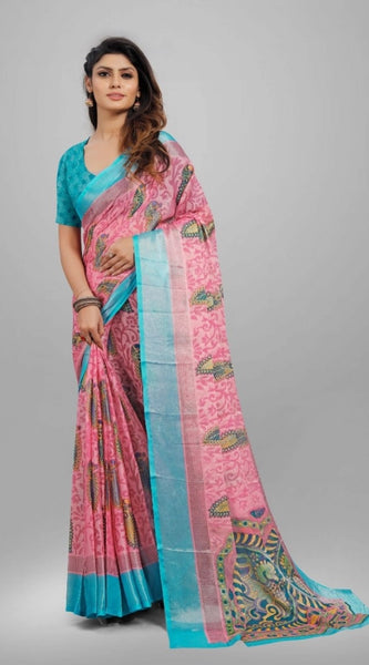 Mayawye Women's Viscose Rayon Printed Saree With Unstitched Blouse (Pink)