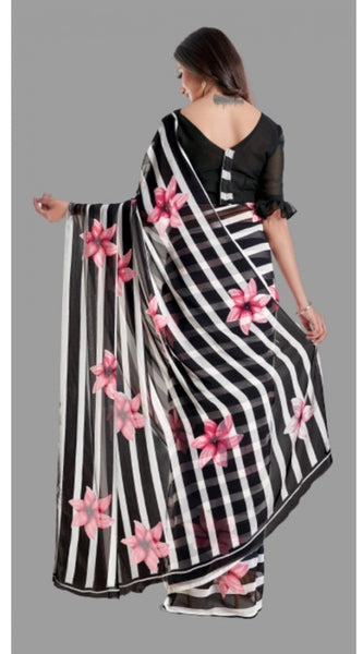 Mayawye Women's Georgette Printed Saree With Unstitched Blouse (Black)