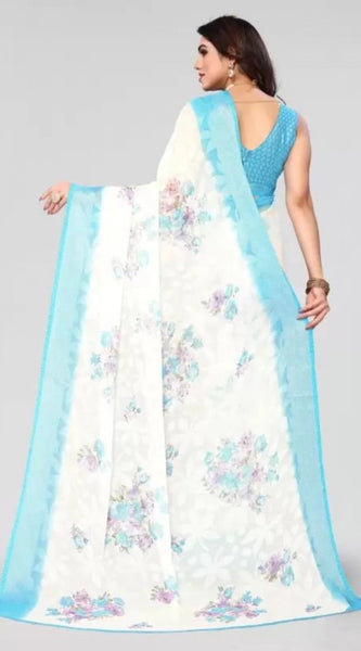 Mayawye Women's Viscose Rayon Printed Saree With Unstitched Blouse (Sky Blue)