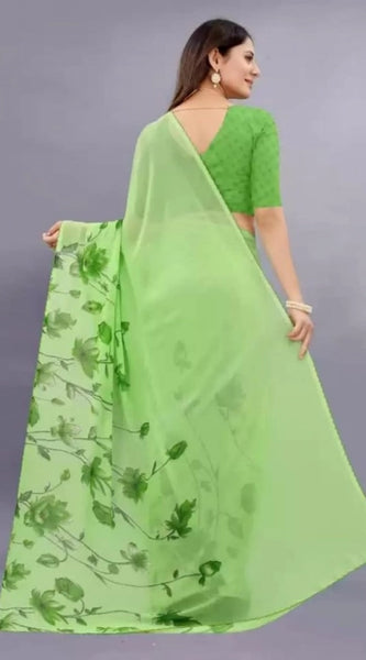 Mayawye Women's Georgette Printed Saree With Unstitched Blouse (Green)