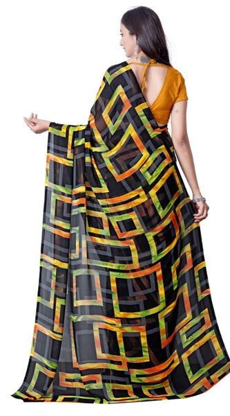 Mayawye Women's Georgette Printed Saree With Unstitched Blouse (Yellow)