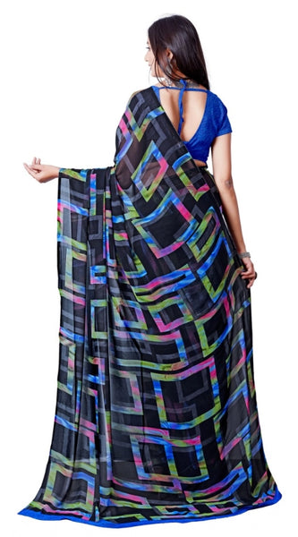 Mayawye Women's Georgette Printed Saree With Unstitched Blouse (Blue)