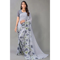 Mayawye Women's Georgette Printed Saree With Unstitched Blouse (Grey)