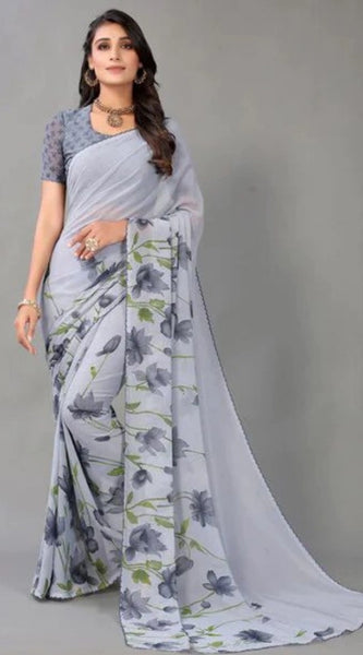 Mayawye Women's Georgette Printed Saree With Unstitched Blouse (Grey)