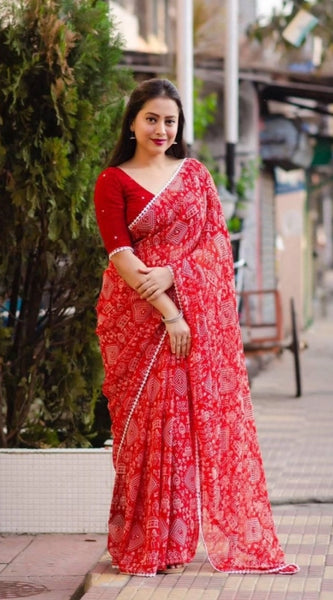 Mayawye Women's Georgette Printed Saree With Unstitched Blouse (Red)
