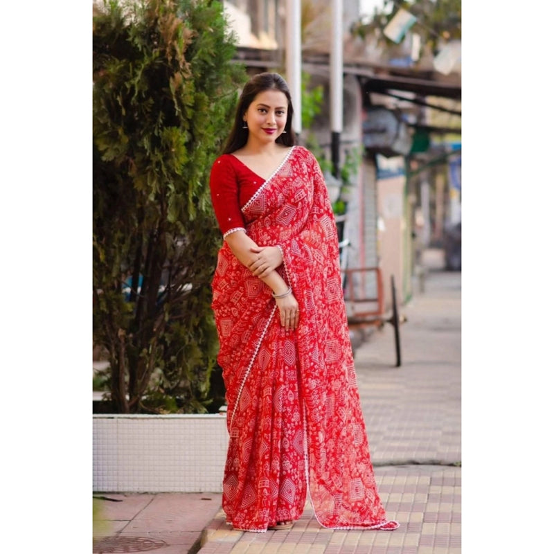 Mayawye Women's Georgette Printed Saree With Unstitched Blouse (Red)