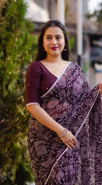 Mayawye Women's Georgette Printed Saree With Unstitched Blouse (Purple)