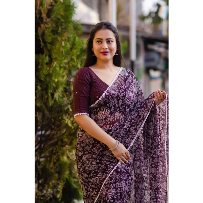 Mayawye Women's Georgette Printed Saree With Unstitched Blouse (Purple)