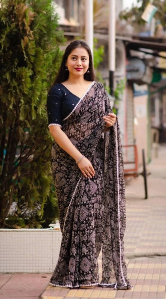 Mayawye Women's Georgette Printed Saree With Unstitched Blouse (Black)