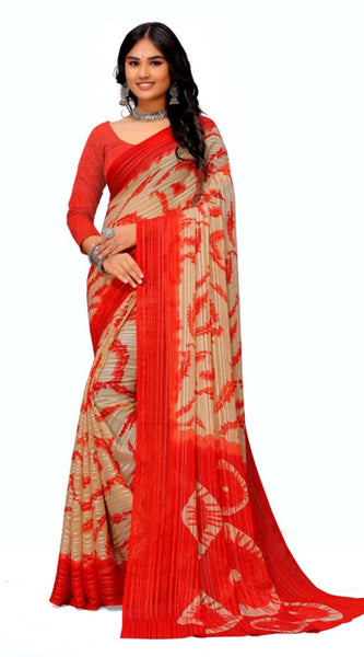 Mayawye Women's Georgette Printed Saree With Unstitched Blouse (Red)