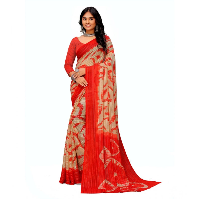 Mayawye Women's Georgette Printed Saree With Unstitched Blouse (Red)