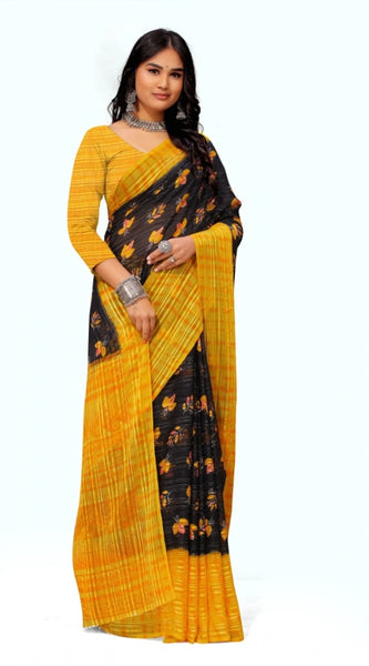 Mayawye Women's Georgette Printed Saree With Unstitched Blouse (Yellow)