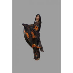 Mayawye Women's Satin Patta Printed Saree With Unstitched Blouse (Orange)