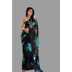 Mayawye Women's Satin Patta Printed Saree With Unstitched Blouse (Blue)
