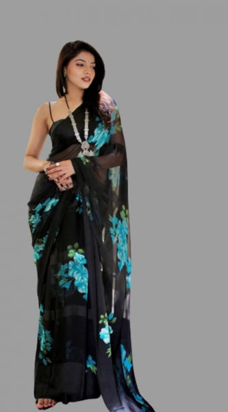 Mayawye Women's Satin Patta Printed Saree With Unstitched Blouse (Blue)