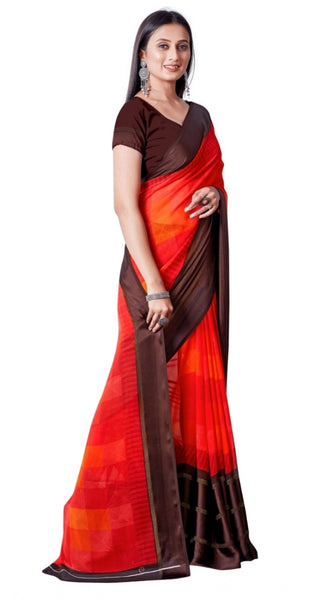 Mayawye Women's Satin Patta Printed Saree With Unstitched Blouse (Red)