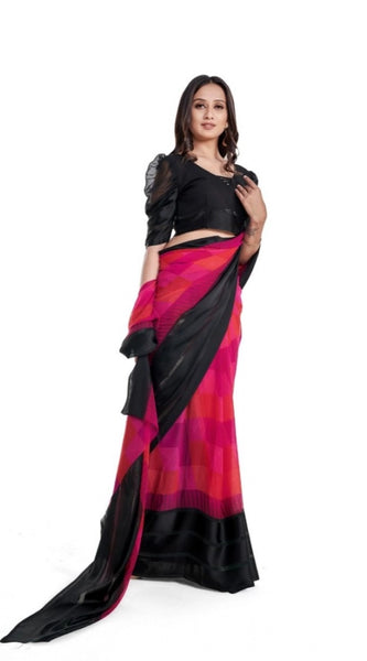 Mayawye Women's Satin Patta Printed Saree With Unstitched Blouse (Pink)