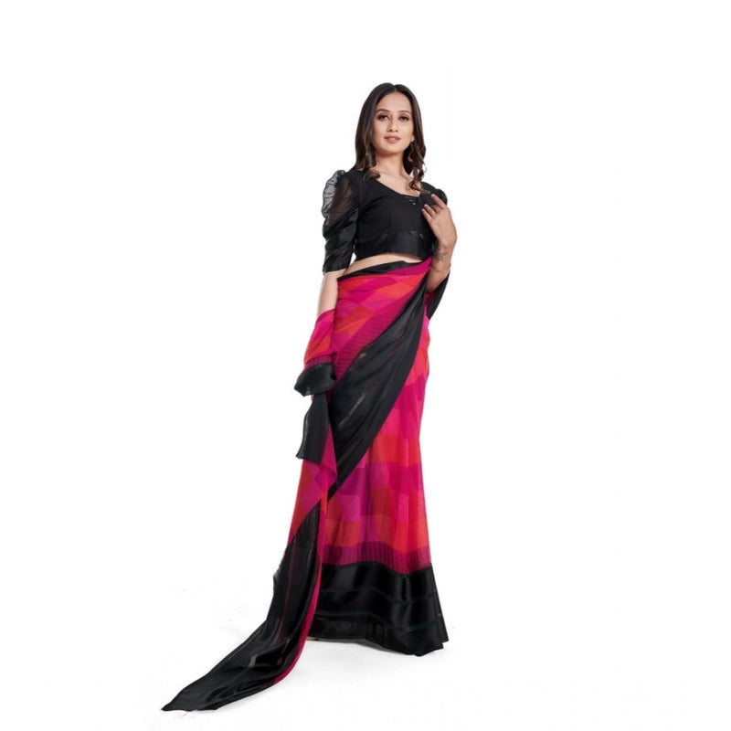 Mayawye Women's Satin Patta Printed Saree With Unstitched Blouse (Pink)