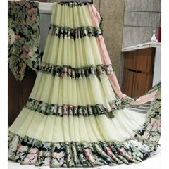 Mayawye Women's Satin Patta Printed Saree With Unstitched Blouse (Cream)