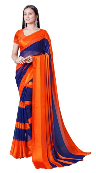 Mayawye Women's Satin Patta Printed Saree With Unstitched Blouse (Orange)
