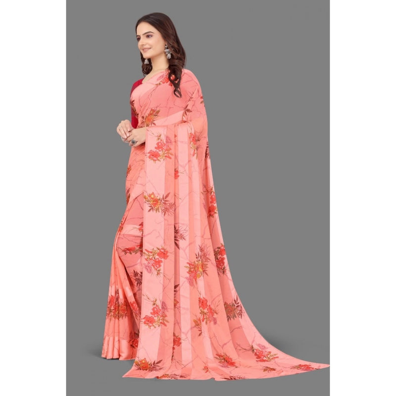 Mayawye Women's Satin Patta Printed Saree With Unstitched Blouse (Peach)