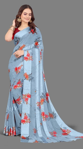 Mayawye Women's Satin Patta Printed Saree With Unstitched Blouse (Grey)
