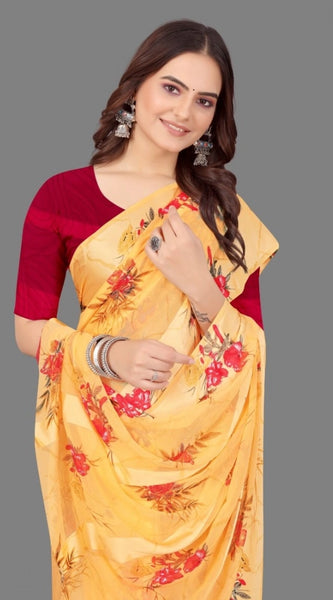Mayawye Women's Satin Patta Printed Saree With Unstitched Blouse (Beige)