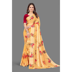 Mayawye Women's Satin Patta Printed Saree With Unstitched Blouse (Beige)