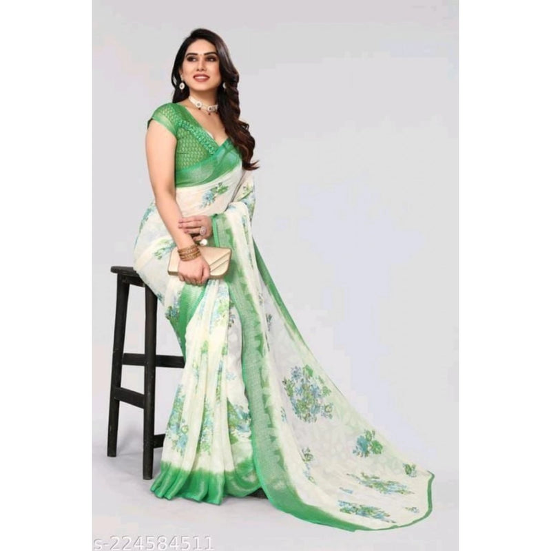 Mayawye Women's Viscose Rayon Printed Saree With Unstitched Blouse (Green)